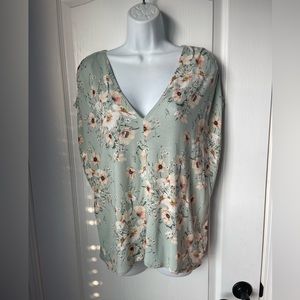 Green Floral V Neck Blouse
